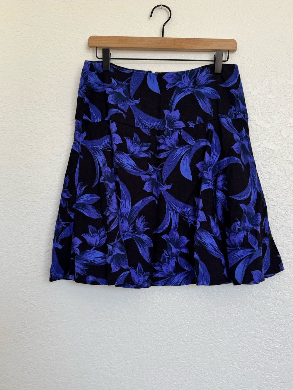 Royal Blue & Black Large Floral Print A-Line Skirt